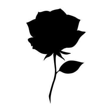 Sapında yaprak olan bir gülün silueti. Çiçek çizimi, beyaz arka planda siyah siluet. Vektör illüstrasyonu.