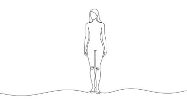 Kadın vücudu ya da manken boyu tam boy uzun saçlı ve tek sıra sanat tarzında. Beyaz arka planda düzenlenebilir siyah çizim. Vektör illüstrasyonu.