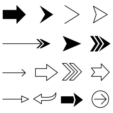Ok simgesi. Sağı gösteren siyah oklar, çeşitli şekiller, beyaz arka planda izole edilmiş. Vektör illüstrasyonu.
