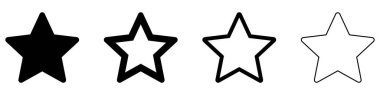 Yıldız ikonu. Beş köşeli yıldız: siyah siluet ve beyaz arka planda izole edilmiş dış hatlar. Dört tarz varyasyon. Vektör illüstrasyonu.