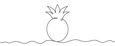 Ananas, tropik bir meyve. Beyaz arka planda düzenlenebilir siyah bir dokunuşla tek çizgi halinde çizim yapmak. Vektör illüstrasyonu, yaz konsepti, tropik yaşam veya sağlıklı beslenme.