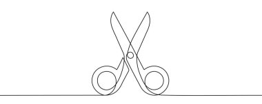 Makas tek sıra sanat tarzında. Beyaz arka planda siyah çizimli makas çizimi. Vektör illüstrasyonu.