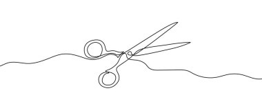 Makas tek sıra sanat tarzında. Beyaz arka planda siyah çizimli makas çizimi. Vektör illüstrasyonu.