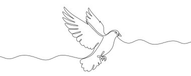 Tek sıra halinde sanat tarzında güvercin. Uçan kuş çizimi ve beyaz arka planda siyah çizim. Vektör illüstrasyonu.