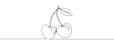 Kirazlar tek sıra sanat tarzında. Beyaz arka planda iki kiraz çileği, bir yaprak ve düzenlenebilir siyah çizim. Vektör illüstrasyonu.