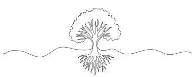 Kökleri sanat tarzında olan bir ağaç. Yaşamı, büyümeyi ve doğayı simgeleyen eski bir ağacın çizimi. Beyaz arka planda sürekli siyah bir darbeyle yapılmış. Vektör illüstrasyonu.