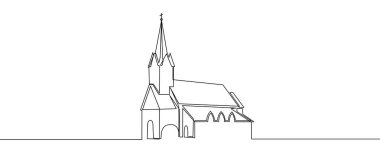 Kilise sanat tarzında. Yüksek kuleye sahip minimalist bir katedral çizimi, kesintisiz bir çizgide yapılmış. Vektör illüstrasyonu.