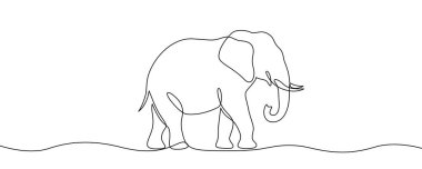 Sanat tarzında bir fil. Dişleri olan büyük bir hayvanın minimalist çizimi. Devamlı bir çizgi halinde yapılmış. Vektör illüstrasyonu.