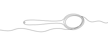 Sanat tarzında kaşık. Çatal bıçak takımının minimalist çizimi kesintisiz bir çizgide yapılır. Vektör illüstrasyonu.