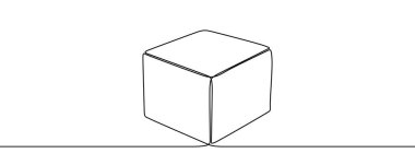 Küp, sanat tarzında. Geometrik bir şeklin minimalist çizimi tek bir sürekli çizgide yapılır. İstikrarı, yapıyı veya lojistik bir objeyi sembolize eden vektör illüstrasyonu.