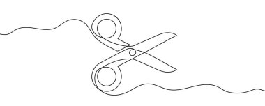 Makas tek sıra sanat tarzında. Beyaz arka planda siyah çizimli makas çizimi. Vektör illüstrasyonu.