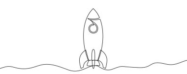 Roket sanat tarzında havalanıyor. Beyaz zemin üzerinde düzenlenebilir siyah çizgi olan uzay gemisi çizimi. Vektör illüstrasyonu.