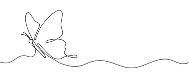 Sanat tarzında kelebek. Kanatları açık bir böceğin minimalist çizimi, sürekli tek bir çizgide yapılır. Vektör illüstrasyonu.