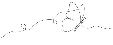 Sanat tarzında kelebek. Kanatları açık bir böceğin minimalist çizimi, sürekli tek bir çizgide yapılır. Vektör illüstrasyonu.