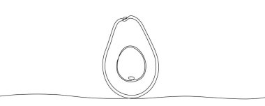Avokado yarısı pitsiz, tek sıra sanat tarzında. Aralıksız çizilen ve beyaz zemin üzerinde siyah çizgiler bulunan minimalist çizimler. Vektör illüstrasyonu.
