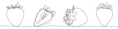 Çilekler tek sıra sanat tarzında. Bütün böğürtlen ve çilek yarısının çizimi. Düzenlenebilir siyah felçli, kesintisiz bir çizgi tarafından yapılmış. Vektör illüstrasyonu.