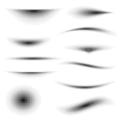 Gradyan çizgiler, kavisler ve daireler şeklinde yarım ton grafiksel elementler. Tasarımda gölgeler, dokular ve modern görsel efektler yaratmak için vektör illüstrasyonu.