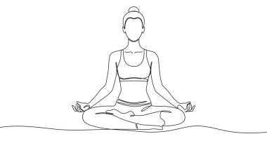 Nilüfer pozisyonunda sürekli meditasyon yapan bir kadın. Beyaz arka planda düzenlenebilir siyah felçli bir taslak. Vektör illüstrasyonu.