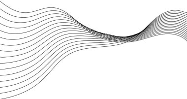 Beyaz zemin üzerinde kıvrımlı paralel siyah çizgiler olan soyut bir arkaplan. İnce çizgiler akar ve kesişir, dinamik bir dalga ya da kurdele etkisi yaratır. Vektör illüstrasyonu.