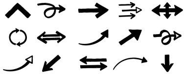 Düz, kıvrımlı ve döngüsel işaretleri de içeren karalama tarzında çeşitli siyah oklar. Vektör illüstrasyonu.