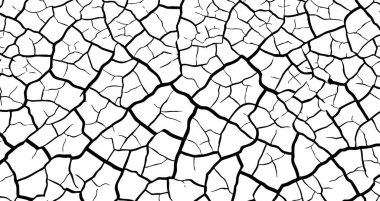 Kuru çatlak toprak dokusu. Beyaz arka plandaki siyah çatlaklar çöl yüzeyini ya da kurumuş toprağı taklit ediyor. Vektör illüstrasyonu.
