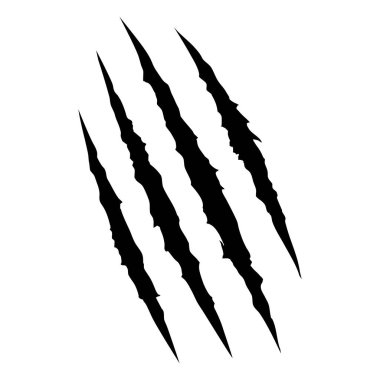 Pençe izleri. Bunlar beyaz arkaplandaki canavar pençelerinin çapraz siyah gözyaşları. Vektör illüstrasyonu.