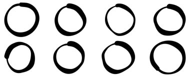 El yapımı daireler. Değişen kalınlığın sekiz düzensiz siyah çizgisi, beyaz arkaplanda karalama tarzında yaratılmış. Vektör illüstrasyonu.