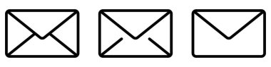 Zarf simgeleri. Beyaz zemin üzerinde siyah posta zarflarının üç farklı lineer stil grafik tasviri. Vektör illüstrasyonu.