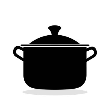 Kapağı ve iki sapı olan derin bir tencerenin siyah silueti. Yemek, mutfak gereçleri ya da ev işlerini sembolize eden kısa bir vektör çizimi.