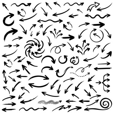 Beyaz arka planda geniş bir dizi el çizimi siyah tasarım elementleri. Koleksiyonda dikkatsiz bir eskiz tarzında yapılmış çeşitli grafik öğeler yer almaktadır. Vektör illüstrasyonu.