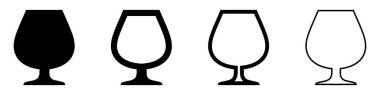 Çeşitli tarzlarda sunulan konyak veya brendi için bardaktan yapılmış simgeler: katı siluet, kalın dış hat, orta hat ve ince çizgi. Bir çubuk menüsü için vektör illüstrasyonu.
