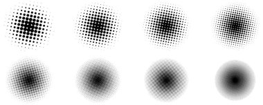 Değişen nokta yoğunluğu ve boyutu olan dairesel yarım tonlu grafik elementler. Gölgeler oluşturmak için vektör illüstrasyonu, değişim ve pop-sanat tarzı görsel efektler.