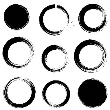 Kabataslak fırça darbeleri, parmak izleri ve sıçrama tarzında yapılmış dairesel grafik elementler. Hem katı desenli daireler hem de enestetiğin açık halkalarını içerir. Vektör illüstrasyonu.
