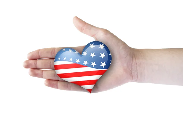 여자 손에 미국 국기와 하트 — 스톡 사진
