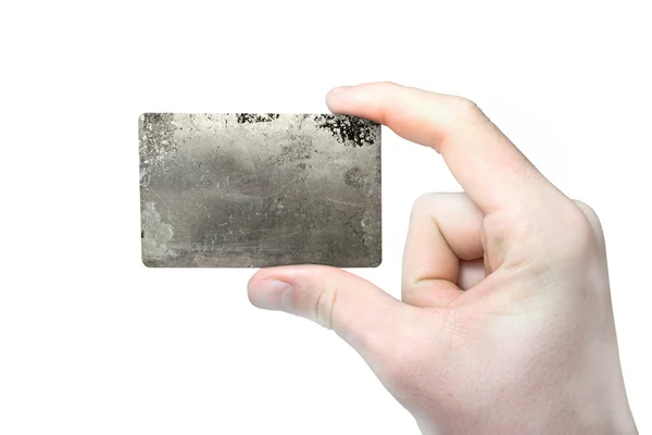 Hand with textured business card on a white background. — Stock Photo, Image