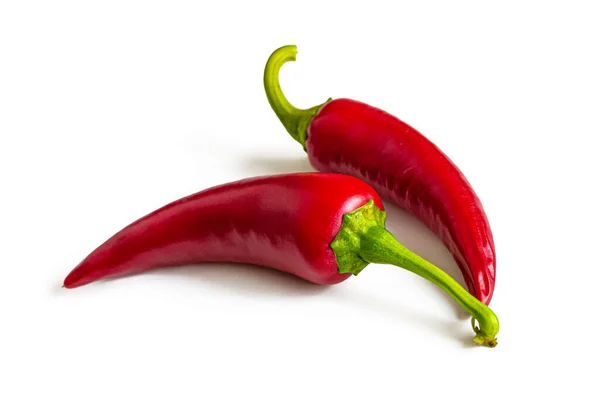 Two Pods Hot Red Chili Pepper Green Cuttings Isolated White — Stockfoto