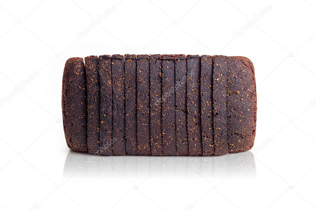 Top toasted crust of rye Borodino bread, cut into pieces, isolated on a white background