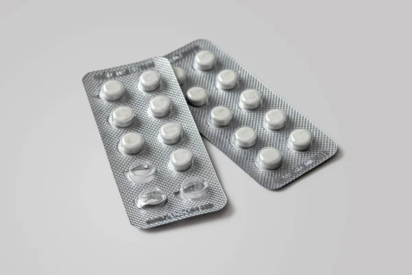 Blister Packs Made Plastic Foil White Tablets Light Background Medical — Stock Photo, Image