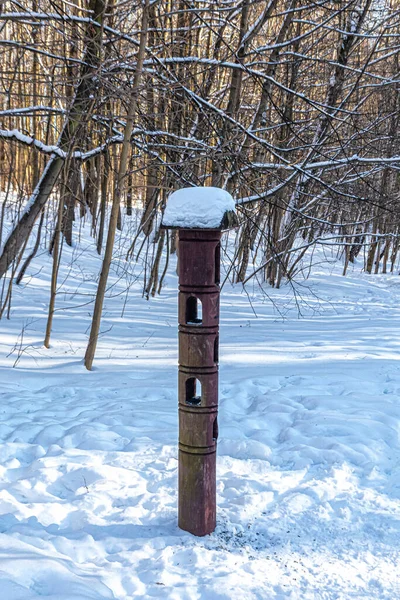 Alimentador Aves Forma Pilar Con Una Gorra Nieve Pequeño Techo —  Fotos de Stock