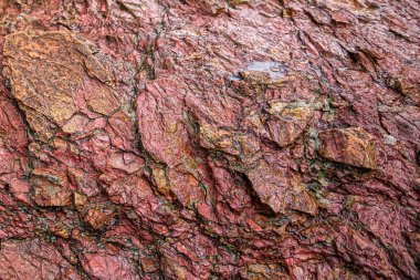 Doğal kırmızı granitten yapılmış kaya. Kırmızı ıslak taş dokusu, arkaplan resmi