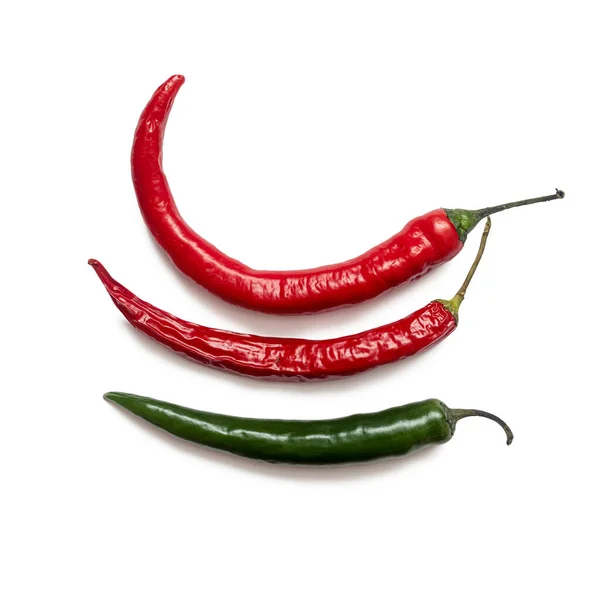Three Hot Chili Peppers Red Green Colors Isolated White Background — Stok fotoğraf