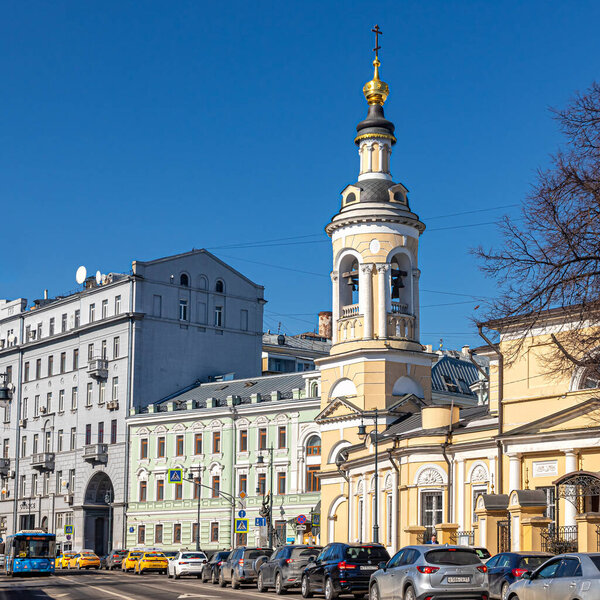 Moscow, Russia, 25.03.2021. Bell tower of the Church of the Nativity of the Blessed Virgin Mary on Kulishki in Moscow, on a sunny day