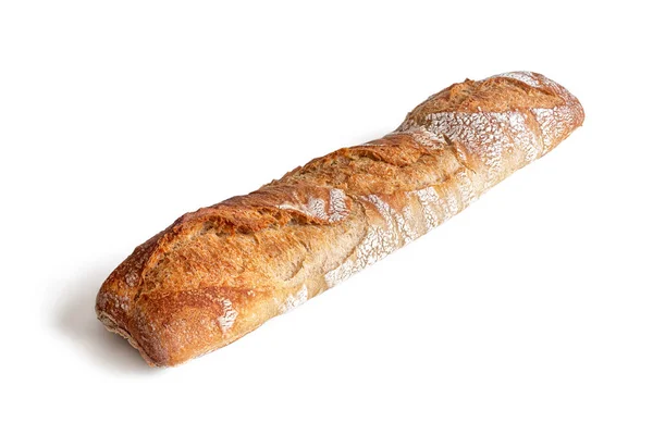 Baguette Farine Blé Rustique Croûte Dorée Croquante Farinée Isolée Sur — Photo