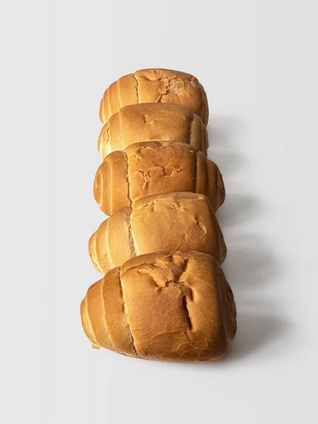 Row Van Zachte Tarwe Broodjes Opgerold Een Speciale Manier Met — Stockfoto