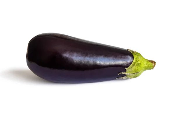 Glänzende Dunkelviolette Aubergine Mit Grünem Stiel Isoliert Auf Weißem Hintergrund — Stockfoto