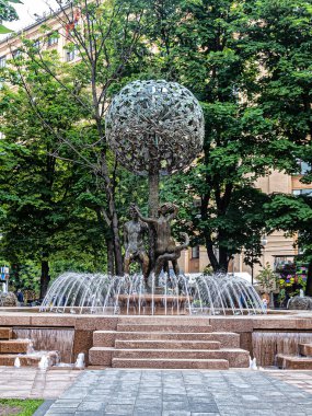Moscow, Russia, 06.15.2021. Fountain 'Adam and Eve' in the square on Pyatnitskaya Street, near the metro station 'Novokuznetskaya'. Installed in 2007 clipart