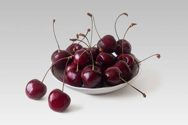 Quelques Cerises Avec Des Boutures Couchées Dans Une Assiette Porcelaine — Photo