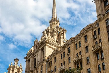 Moscow, Russia, 07.23.2021. Spire and decorative elements of the hotel 