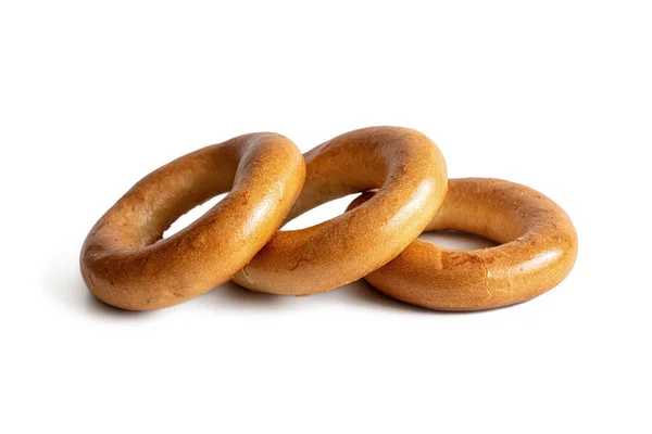 Tre Traditionella Bagels Form Ring Eller Ovala Isolerade Vit Bakgrund — Stockfoto