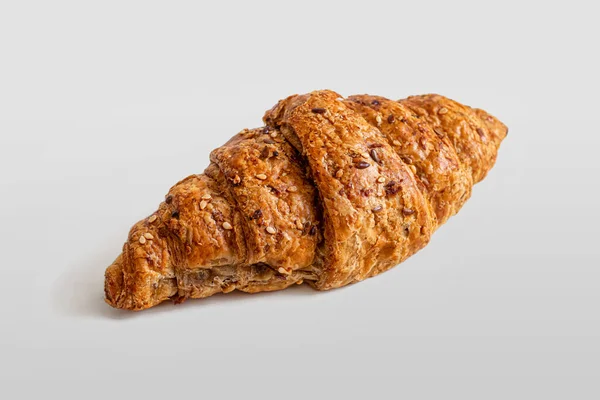 Delicious Croissant Beautiful Golden Crust Sprinkled Sesame Seeds Light Snack — Stock Photo, Image